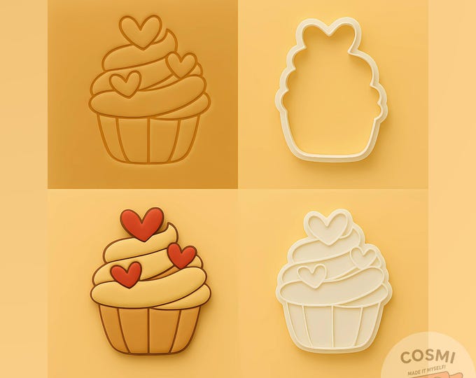 Cupcake Cookie Cutter - Heart Cupcake Cookies - Sweet Swirl Embosser Stamp