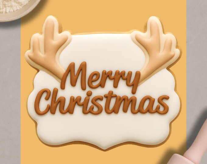 Merry Christmas Cookie Cutter & Embosser – Reindeer Antlers Plaque Design