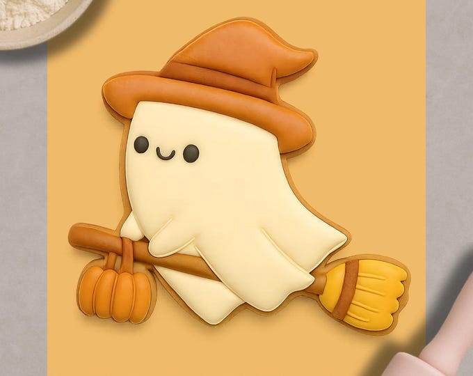 Witch Ghost Cookie Cutter & Fondant Embosser: Flying Halloween Treat Design