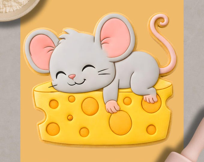 Mouse Cookie Cutter & Embosser | Cheese Mouse Biscuit Stamp | Animal Cookie Cutter | Kids Baking Tool | Nursery Theme Cookies
