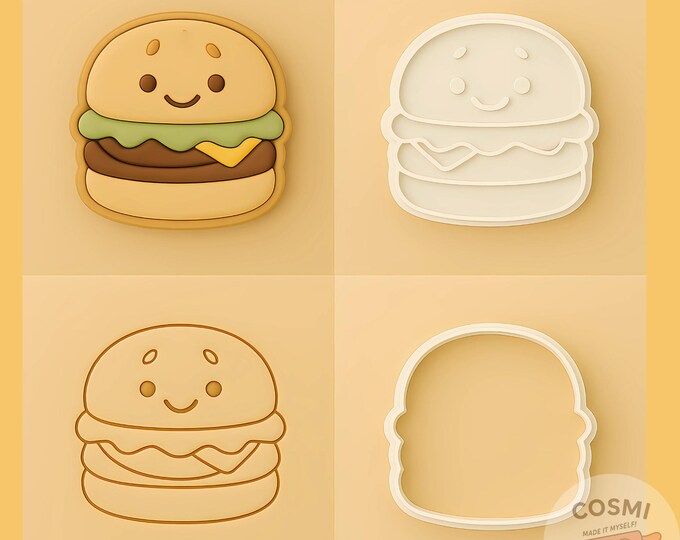 Burger Cookie Cutter & Embosser Set: Happy Burger Shape, BBQ Parties