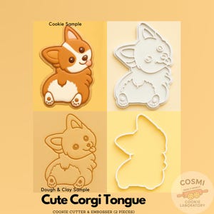 Corgi Tongue Out Cookie Cutter and Stamp – Cute Dog Face Embosser – PLA Fondant Clay Cutter – Kawaii Puppy Cookie Mold