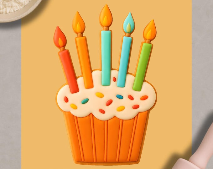 Birthday Cupcake Cookie Cutter & Stamp | Candle Biscuit Embosser | Celebration Baking Tool | Fondant Mold | 3D Printed Party Cookie Decor