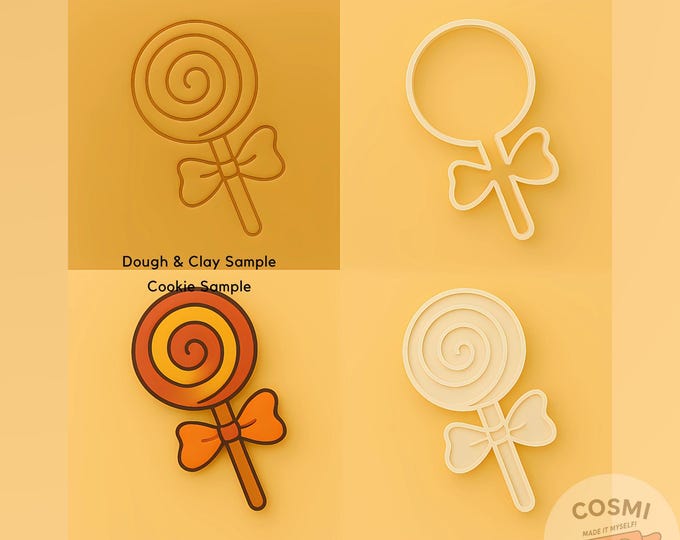 Lollipop Cookie Cutter - Candy Party Cookies - Spiral Bow Embosser Stamp