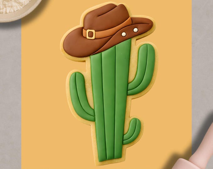 Cactus Cookie Cutter & Embosser | Cowboy Hat Cactus Biscuit Stamp | Western Theme Cookie Cutter | Party Baking Tool | 3D Printed