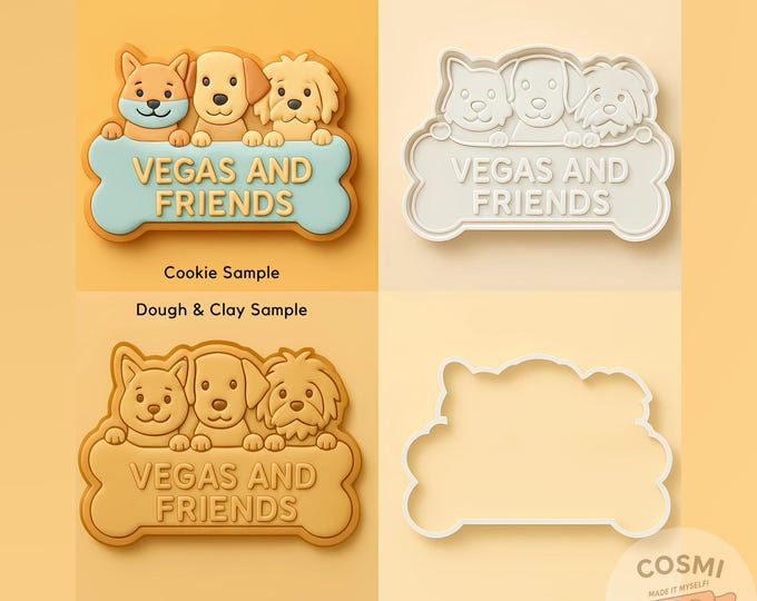 Vegas & Friends Bone Cutter – Custom Pet Cookie Embosser – Dog Trio Treat Stamp