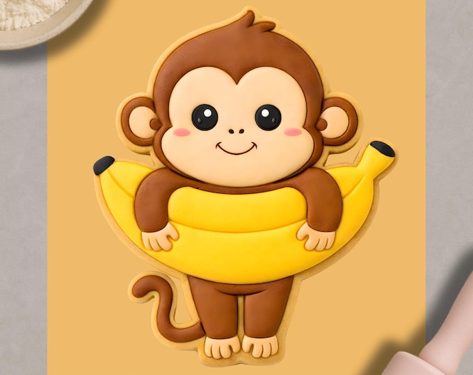 Monkey Cookie Cutter & Embosser | Banana Monkey Biscuit Stamp | Animal Cookie Cutter | Kids Party Baking Tool | 3D Printed