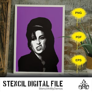 Może przedstawiać: Czarno-biały wzór szablonu przedstawiający kobietę z krótkimi włosami, w kapeluszu, na fioletowym tle. Obraz jest oprawiony i zawiera tekst "STENCIL DIGITAL FILE" i "StencilArtByDemos".