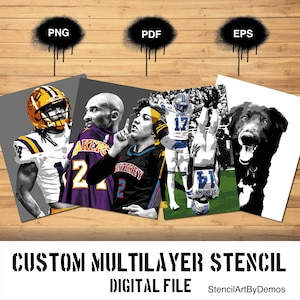 Puede incluir: Un archivo digital para una plantilla multicapa personalizada. La imagen muestra cuatro plantillas diferentes: un jugador de baloncesto, un jugador de fútbol americano, un perro y un jugador de fútbol americano. Las plantillas están en blanco y negro.