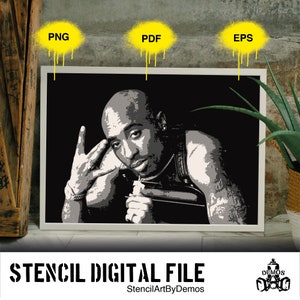 May include: Black and white stencil design of a rapper with a microphone. The stencil is framed and ready to be used for a DIY project.