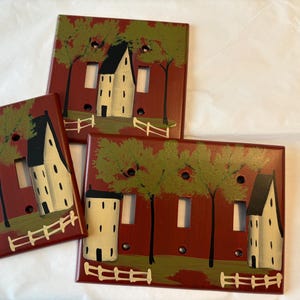 Primitive Hand Painted Red Light Switch Covers with Saltbox and Colonials! switch plate cover, switches, rocker switch cover farmhouse decor