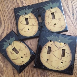 Handpainted Primitive Pineapple Light Switch Cover, Black, Gold Accent