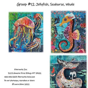 May include: A collage pattern design featuring a jellyfish, a seahorse, and a whale. The design is made up of various colorful pieces of paper and fabric. The jellyfish is a vibrant orange and pink, the seahorse is a bright yellow and orange, and the whale is a deep blue and gray. The background is a turquoise blue.