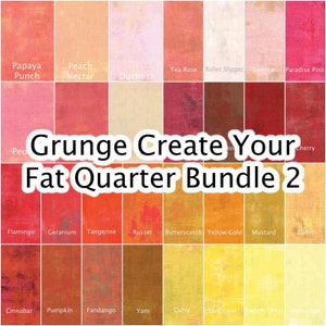 May include: Grunge Create Your Fat Quarter Bundle 2 fabric collection featuring 18 different colors and patterns, including papaya punch, peach nectar, tea rose, ballet slipper, sweetie, paradise pink, flamingo, geranium, tangerine, russet, butterscotch, yellow gold, mustard, elafin, cinnabar, pumpkin, fandango, yam, curry, sunflower, lemon drop, and honeydew.