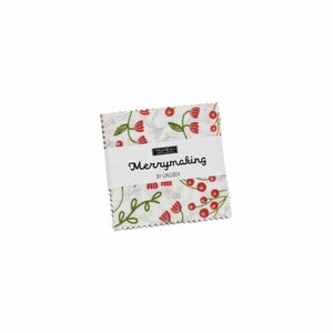 May include: A pack of 5-inch fabric squares with a white background and a red and green floral pattern. The fabric squares are labeled "Merrymaking by Gingiber".