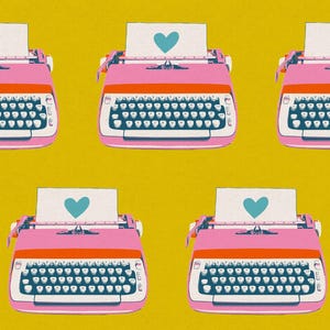 May include: A repeating pattern of pink typewriters on a mustard yellow background. Each typewriter features a white sheet of paper inserted into the carriage, displaying a single light blue heart icon centered on the page.