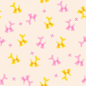 May include: A repeating pattern on a light peach background featuring translucent yellow and pink balloon animals shaped like dogs, interspersed with small, dark pink starburst icons scattered throughout the design.