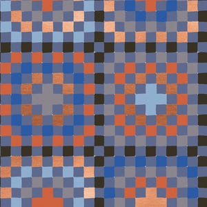 May include: A grid-based artwork featuring six square blocks arranged in two columns. Each block contains a repeating pattern of small squares in shades of blue, gray, black, and metallic copper, forming cross-like shapes in the center of each.