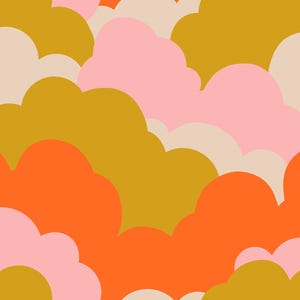 May include: A seamless pattern featuring stylized cloud shapes in shades of orange, pink, mustard yellow, and beige. The design has a retro, mid-century modern aesthetic, with a flat, graphic style. The clouds overlap, creating a layered effect.