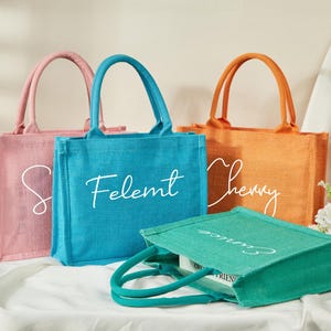 Personalisierte Brautjungfer Sack,Einkaufstasche mit Namen, Brautdusche Tasche, kleine Jute Sackleinen Taschen, Hochzeit Willkommen Taschen, Brautjungfer Geschenk