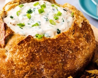 Creamy Spinach Dip Recipe Bread Bowl Savoury Filling Side Dish Super Bowl Football Party Onion Appetisers Thanksgiving Snacks Digital File