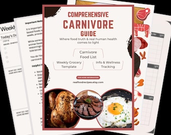 Carnivore Diet Complete Information Kit includes a Food List, Wellness Tracking Pages and Editable Grocery Lists in Canva and PDF downloads