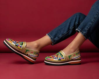 Handmade Beaded Leather Moccasins. Native Moroccan  Style Shoes For Women. crafted in an elegant gold color. Suitable For Gifting