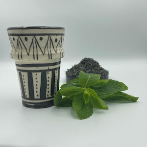 Handmade Moroccan Ceramic Cup – Black and White Traditional Design – Artisan Pottery Tumbler – Boho Kitchen Decor – Tea or Espresso Cup