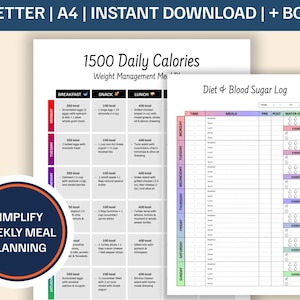 Planificador y registro de dieta para la diabetes: Registro imprimible de alimentos, azúcar en sangre, agua y ejercicio, plan de comidas diario + guía de alimentación prediabética (PDF, A4, A5 y carta)