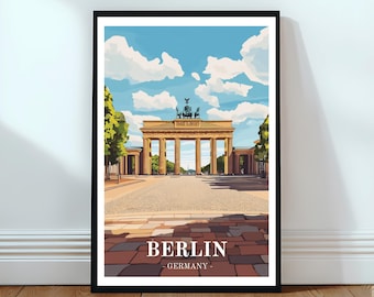May include: A colorful illustration of the Brandenburg Gate in Berlin, Germany. The gate is a famous landmark and a symbol of German reunification. The illustration is set against a blue sky with white clouds.