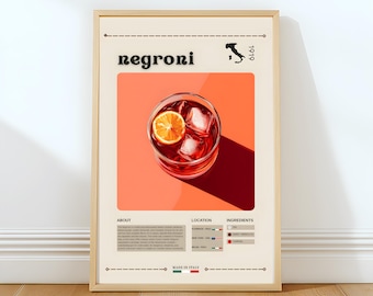 Negroni Cocktail Print - Italian Cocktail Wall Art, Modern Bar Decor, Trendy Bar Art, Elegant Kitchen and Home Decor