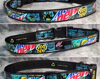 Large Adjustable Dog Collar from Recycled Mt Dew 2021 Mystery Flavor VooDew Soda Bottle Labels