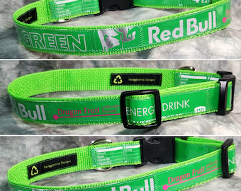 LARGE Adjustable Dog Collar from recycled Red Bull Green Edition Dragon Fruit Packaging