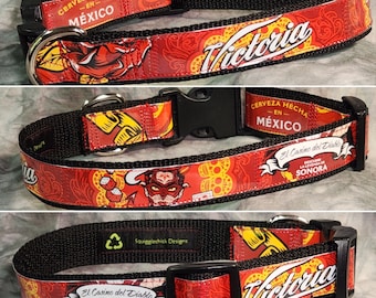 MEDIUM Adjustable Dog Collar from Recycled Victoria Dia de Los Muertos El Casino del Diablo Beer Labels