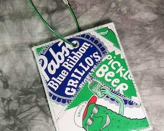 Large Luggage Tag from Recycled Pabst Blue Ribbon Grillio's Pickle Beer Packaging