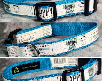 MEDIUM 1" Wide Adjustable Dog Collar from Recycled Lagunitas Hoppy Refresher Hop Water Bottle Labels