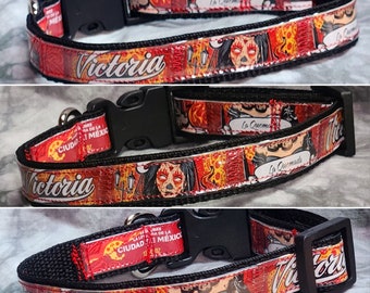 SMALL Adjustable Dog Collar from Recycled Victoria Dia de Los Muertos la Quemada Beer Labels & Packaging