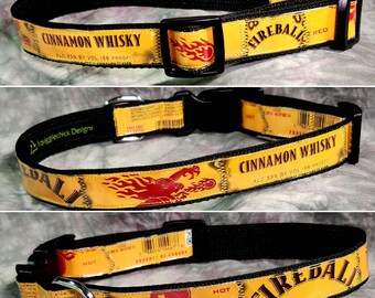 LARGE Dog Adjustable Collar from Recycled Fireball Cinnamon Whisky Labels