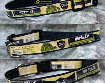 LARGE Adjustable Dog Collar from recycled Samuel Adams Hopscape Wheat Ale Beer Labels