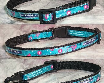 Small Adjustable Toy Dog/Cat Collar from recycled Ghirardelli Milk Chocolate Sea Salt Caramel Wrappers