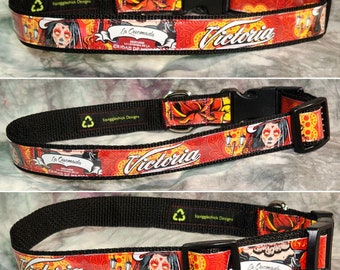 LARGE Adjustable Dog Collar from Recycled Victoria Dia de Los Muertos la Quemada Beer Labels