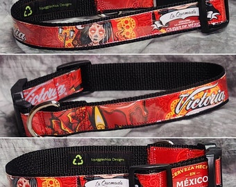 MEDIUM Adjustable Dog Collar from Recycled Victoria Dia de Los Muertos la Quemada Beer Labels