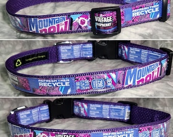 LARGE Adjustable Dog Collar from Recycled Mt Dew Voltage Raspberry Soda Bottle Labels