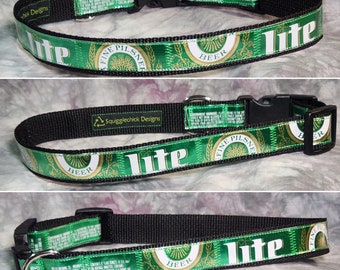 Large Adjustable Dog Collar from recycled Vintage Green St Paddy's Miller Lite Beer Labels