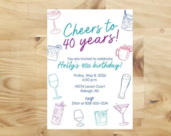 40th Birthday Invitation Template, Cheers to 40 Years Invitation, Cocktail Party Invite, Editable Digital Download