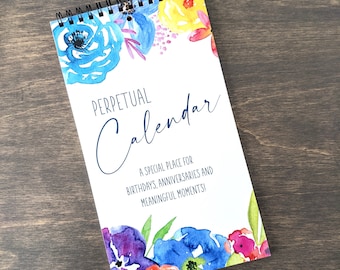 Perpetual Calendar | Floral Watercolor Birthday Calendar | Celebration Calendar | Yearly Calendar | Spiral Bound Calendar