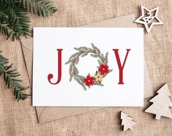 Joy Christmas Cards, Poinsettia Wreath, Holiday Note Cards (Set of 10)