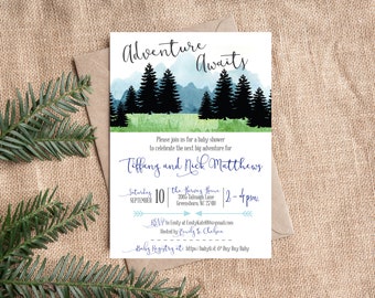 May include: A baby shower invitation with a watercolor illustration of a mountain range and pine trees. The text reads "Adventure Awaits" and includes the names "Tiffany and Nick Matthews", the date "September 10", the time "2-4pm", the location "The Hervey Home", and the address "3906 Talmage Lane, Greensboro, NC 27410".