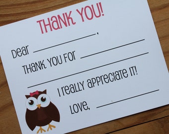 Owl Fill in the Blank Thank You Cards | Kids Thank You Cards | Kids Stationery | Set of 10 with envelopes