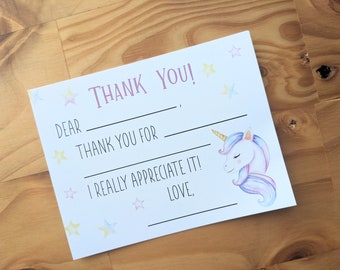 Unicorn Fill in the Blank Thank You Cards | Whimsical Thank You Cards | Kids Thank You Cards | Girl Thank You Cards